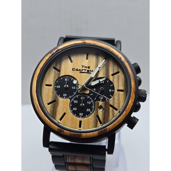 Danbury Mint The Craftsman Zebrawood Chrono Watch 44mm Quartz New Battery Date - Picture 4 of 12